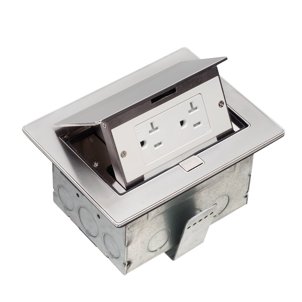 Rectangular steel box with stainless steel trapdoor cover. Listed as a floor box. For installation in countertops check with your local inspection authority for approval.