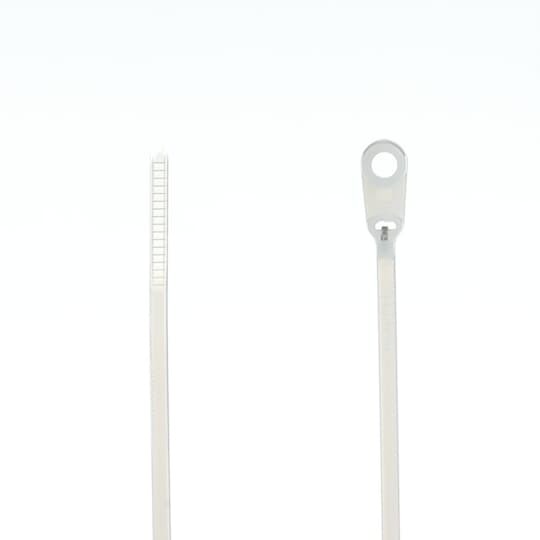 Integrated Mounting Hole Cable Tie, Natural Polyamide (Nylon 6.6) for Temperatures up to 85 Degrees Celsius (185 F) for Indoor Applications, Length of 91mm (3.6 Inches), Width of 2.5mm (0.1 Inches), Thickness of 1mm (0.04 Inches), Tensile Strength Rating of 80 Newtons (18 pounds), #4 Screw for Mounting
