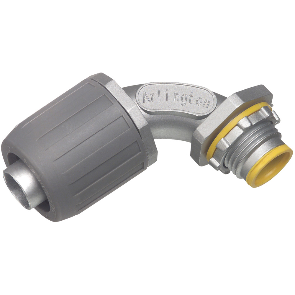 SNAP2IT zinc die-cast, push on, metallic, liquid tight connector. Trade Size 1/2". 90 degree. With Insulated throat.