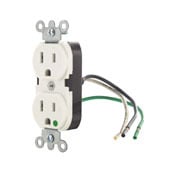 15 Amp, 125 Volt, Duplex Receptacle, 2P3W, Grounding, with Self Grounding Clip and Green Ground Screw, White