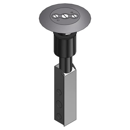 Poke-Through Furniture Feed Base Unit, 3 Inch Drill Size, 16 Inch Length, 1/2 Inch and 3/4 Inch Knockouts, Galvanized Steel, with Gray Non-Metallic Cover with 7 Inch Diameter