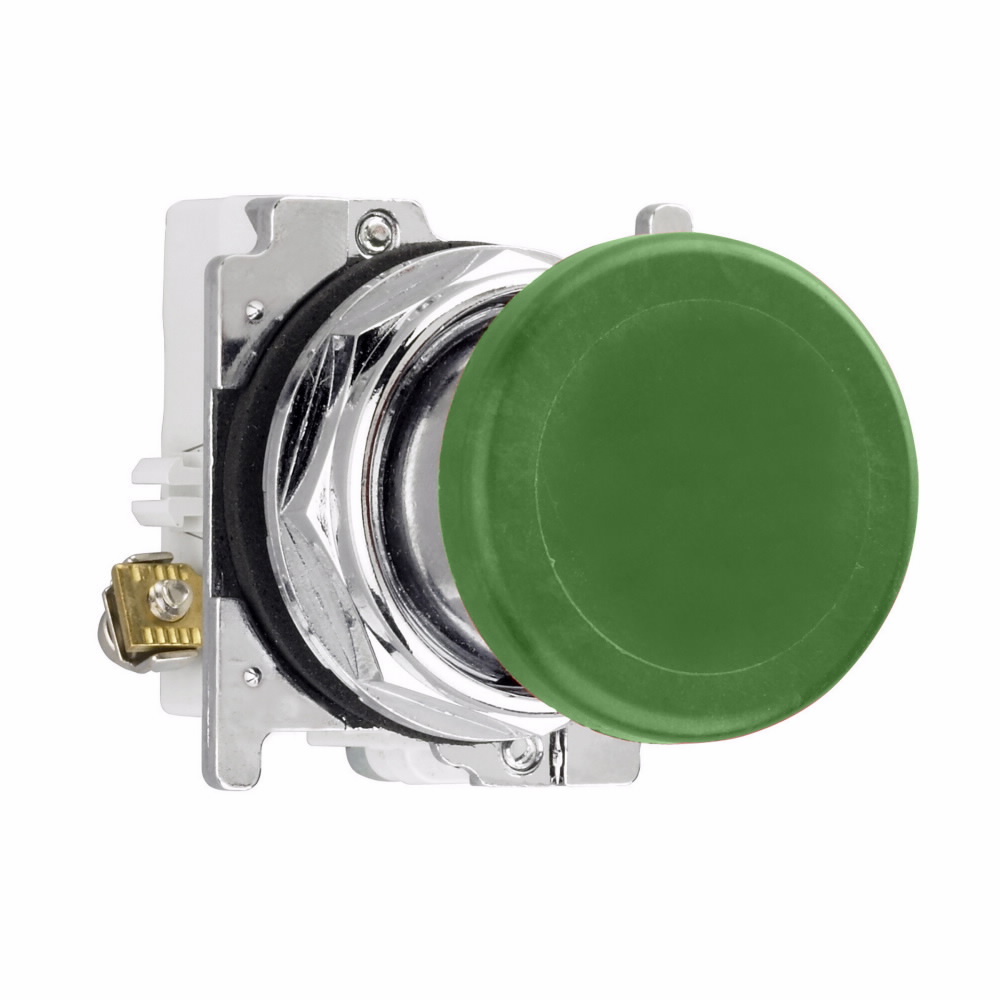 Eaton 10250T pushbutton, 10250T, 30.5 mm, Heavy-Duty, NEMA 3, 3R, 4, 4X, 12, 13, Non-illuminated, Momentary, Mushroom , Green actuator, 1NO, Chrome bezel, Plastic actuator