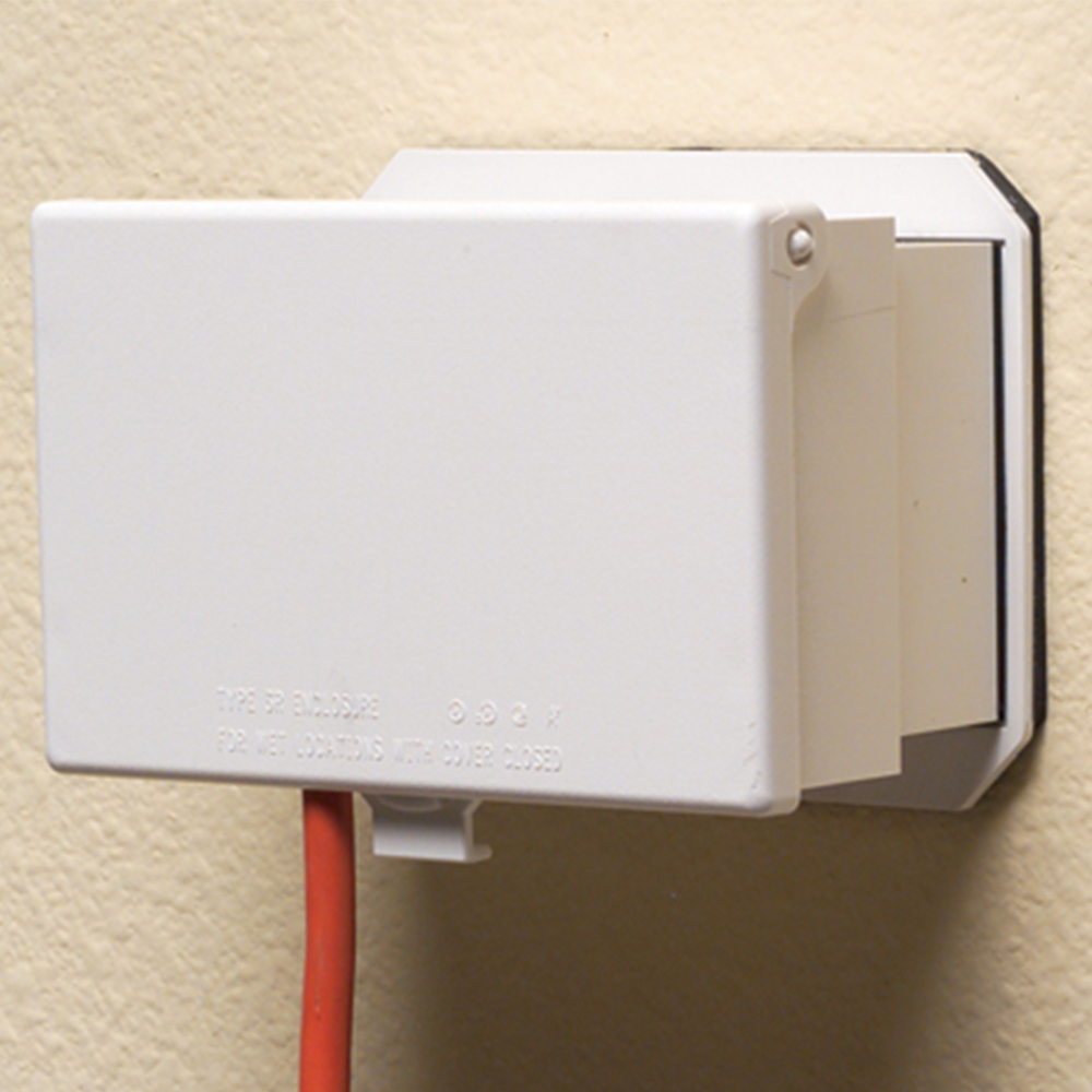 1 Gang Low Profile, IN and OUT cover for new and existing construction. Weatherproof in-use. Meets extra-duty code requirements when cord is plugged in. UV rated plastic. Horizontal. Color - White. Paintable. Has an installed oversized base for large openings or a 3-1/2" round outlet box.