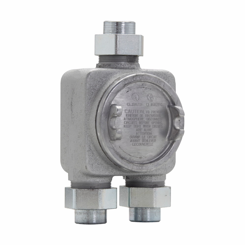 Eaton Crouse-Hinds series GUAG junction box, 3/4" bottom hub, Feraloy iron alloy, 3 hubs, 1/2" top hub