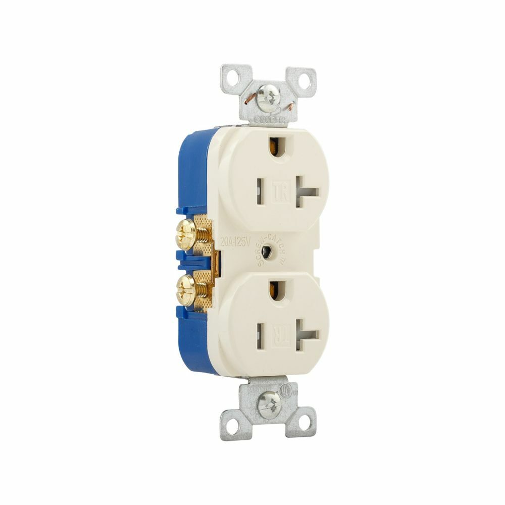 Eaton residential grade duplex receptacle, #14-10 AWG, 20A, Commercial, Residential, Flush, 125V, Side wire, Light almond, Brass, Impact-resistant thermoplastic face, PVC body, 5-20R, Duplex, Screw, Thermoplastic, ED Box