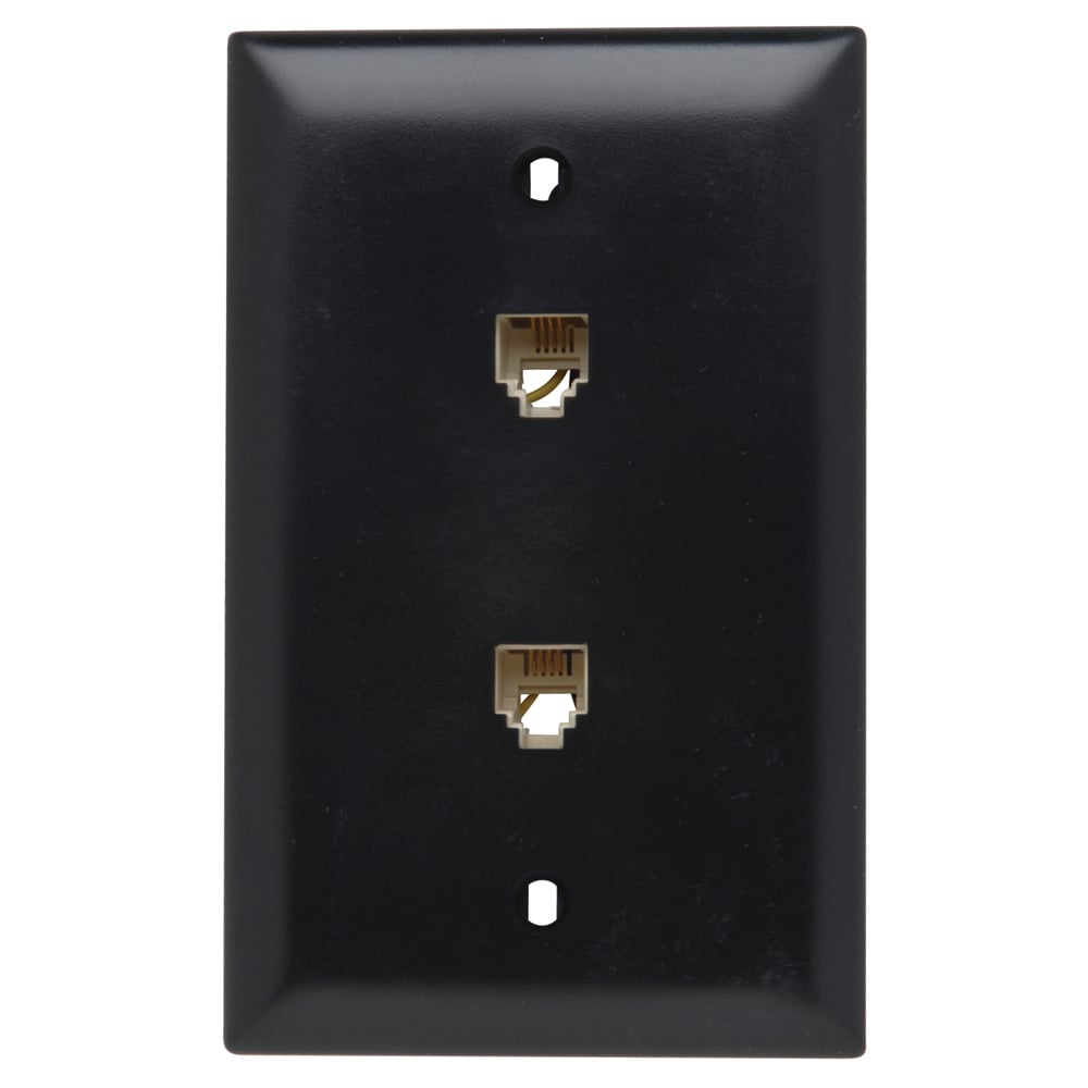 Single gang, two modular four conductor RJ11 telephone jacks with wall plate. Black.