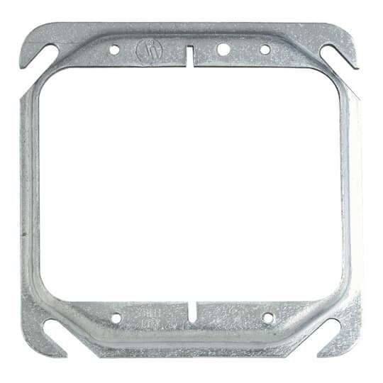 Two Gang Square Device Cover, 2.3 Cubic Inches, 4 Inch Square x 1/4 Inch Raised, Pre-Galvanized Steel, For use with Dry Wall