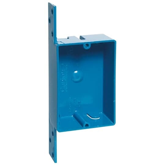 One-Gang New Work Outlet Box, Volume 8 Cubic Inches, Length 3-5/8 Inches, Width 2-3/8 Inches, Depth 1-1/4 Inches, Color Blue, Material PVC, Mounting Means Bracket