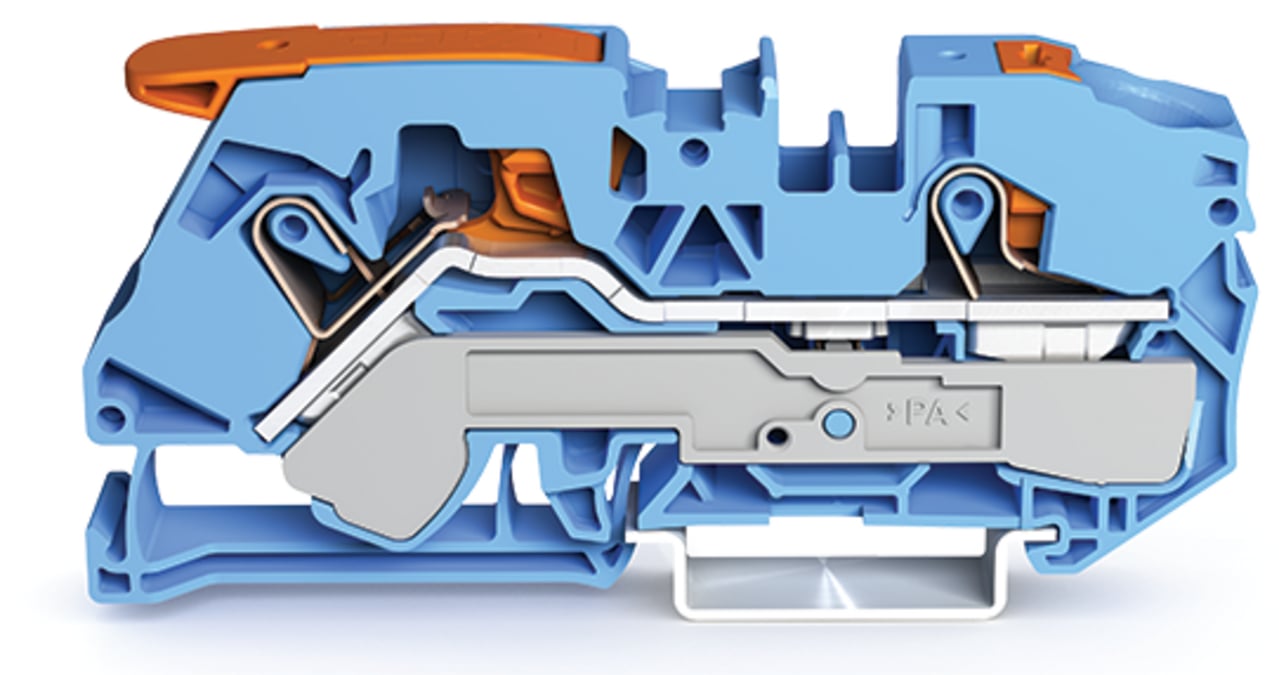 2-conductor through terminal block; with lever and push-button; 16 mm; with test port; suitable for Ex i applications; side and center marking; for DIN-rail 35 x 15 and 35 x 7.5; Push-in CAGE CLAMP; 16,00 mm; blue