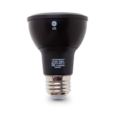 GE LED Lamps, Black, Flood, 7 WTT, 500 LM, 2700 K, 71.4 CRI, Dimmable, PAR20, Medium Screw Base, 3.5 IN Length, 25000 HR Average Life