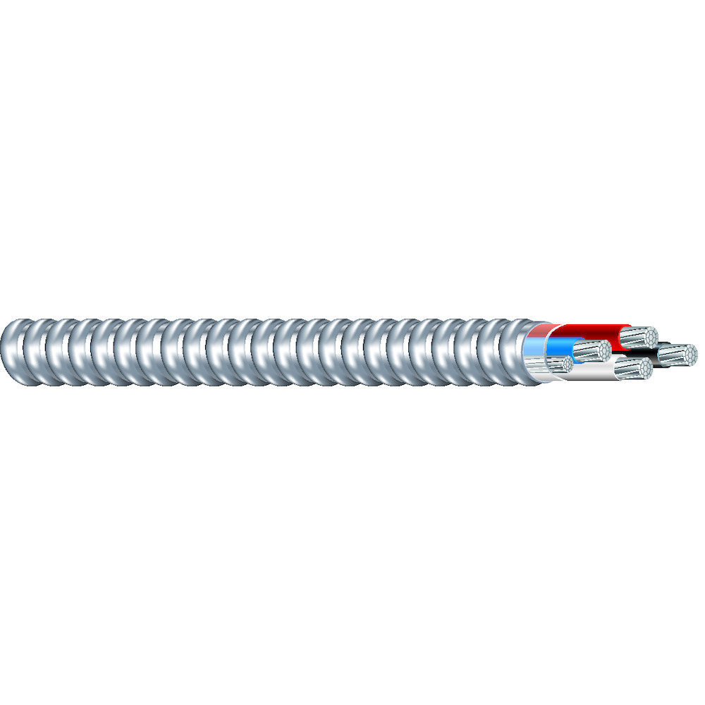Southwire AlumaFlex Type MC Cable with Triple E Aluminum Alloy is constructed with Type THHN/THWN-2 conductors rated 90 C dry, and a bare equipment grounding conductor. Conductors are AlumaFlex AA-8000 series aluminum alloy compact stranded. A binder tape is wrapped over the conductors. Aluminum interlocking armor is applied over the assembly. Conductors also available in High Voltage Colors.
