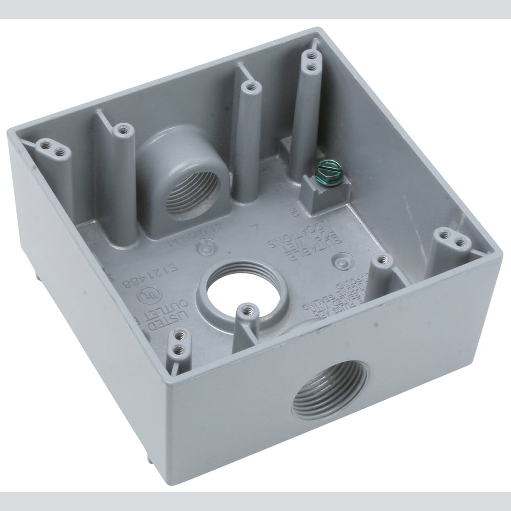 Weatherproof 2 Gang Box, 3 hole 3/4, 30.5 Cu.In.,Gray (1 Hole Each End, 1 Hole in Back)