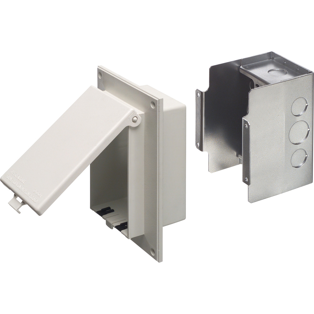 Low profile Inbox with metal box for flat surface retrofit construction. With weather proof while in use Extra Duty white paintable cover. Vertical.