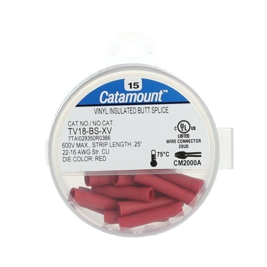Vinyl Insulated Butt Splice, Length .986 Inches, Outer Diameter .157 Inches, Inner Diameter .067 Inches, Wire Range #22-#16 AWG, Color Red, Copper, Tin Plated