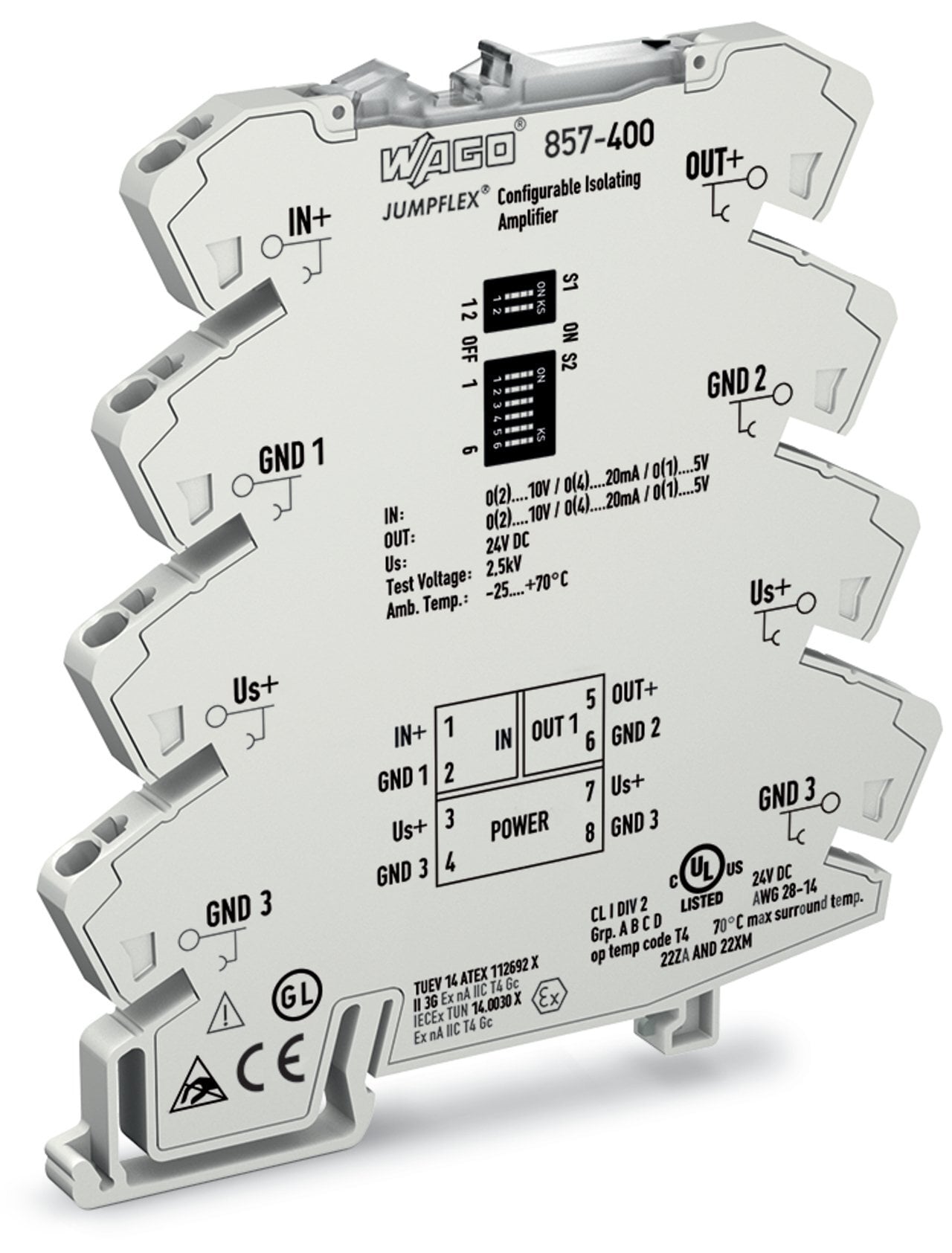 Isolation amplifier; Current and voltage input signal; Current and voltage output signal; Zero/span adjustment; Configuration via DIP switch; Supply voltage: 24 VDC; 6 mm module width; 2,50 mm