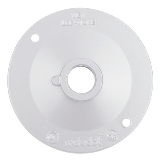 Round Standard Lampholder Cover, Diameter 4-1/8 Inches, Hub Size 1/2 Inch, White, Aluminum, One Tapped Hole, with Gasket, Screws, and Plugs