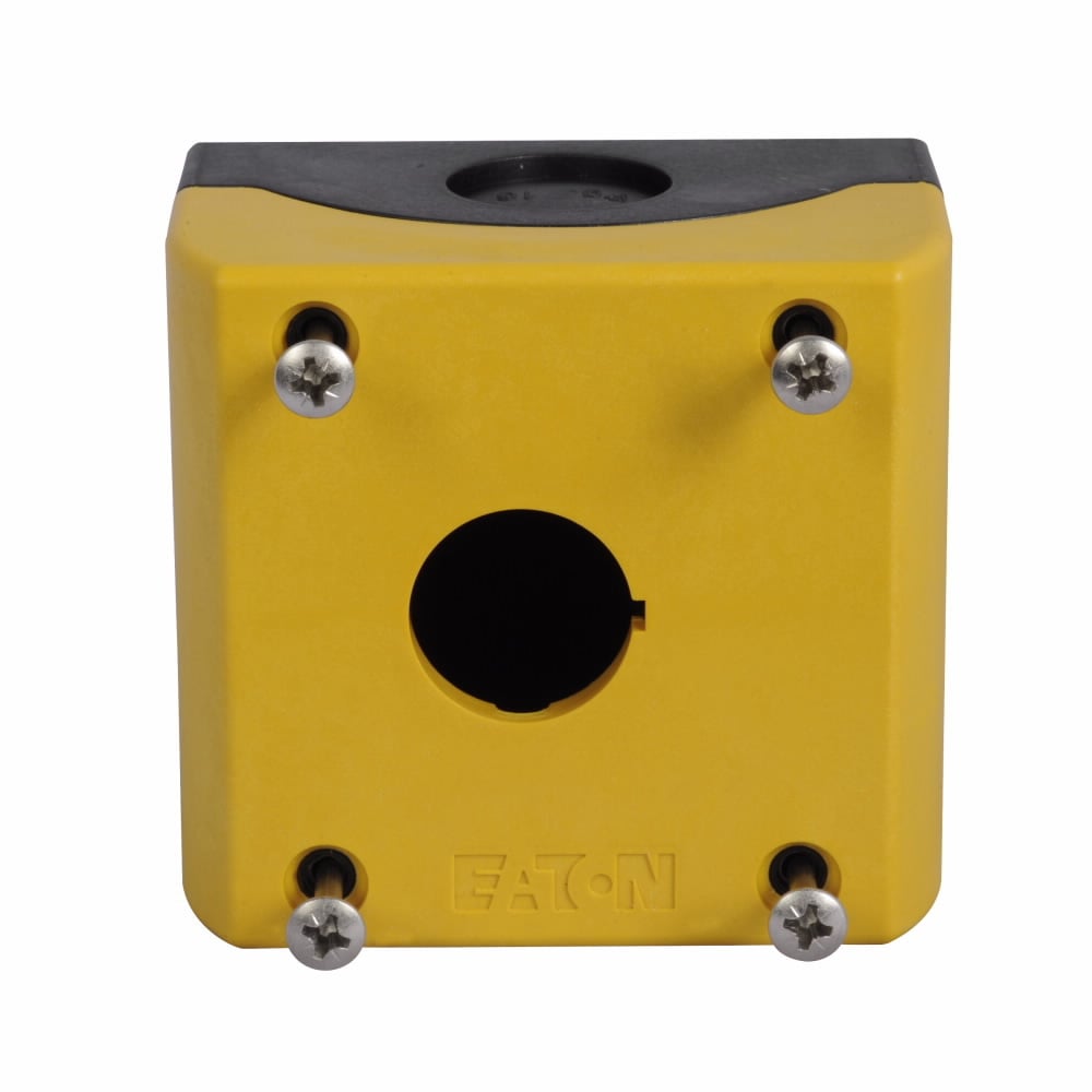 Eaton M22 Surface Mounting Enclosure for M22 Emergency Stop Modular Pushbuttons, 22.5 mm, Non-illuminated, IP67, IP69K, NEMA 4X, 13, Base: Black, Enclosure: Yellow