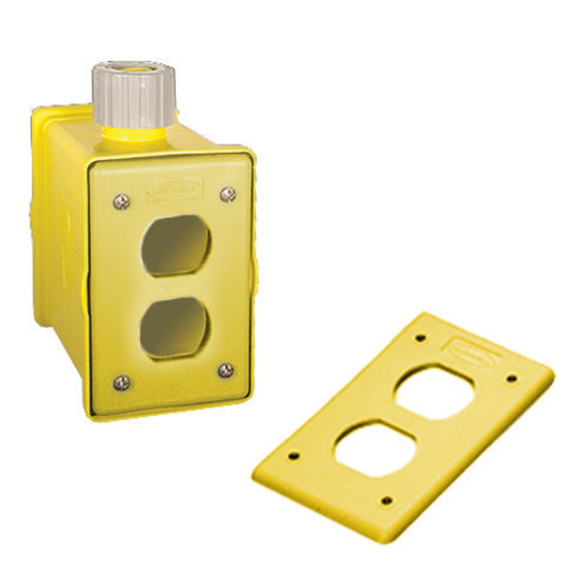Temporary Power Products, Portable Outlet Boxes, Boxes and Plates, Box with Strain Relief, 1-Gang Front and Back, Yellow Non-Metallic, Furnished with 2) Yellow Duplex Plates