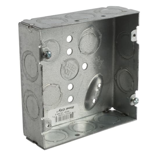 Square Box, 29.5 Cubic Inches, 4-11/16 Inches Square x 1-1/2 Inches Deep, 1/2 Inch and 3/4 Inch Eccentric Knockouts, Pre-Galvanized Steel, Welded Construction, Suitable for use without a Bonding Jumper in Circuits Above or Below 250 Volts, For use with Conduit