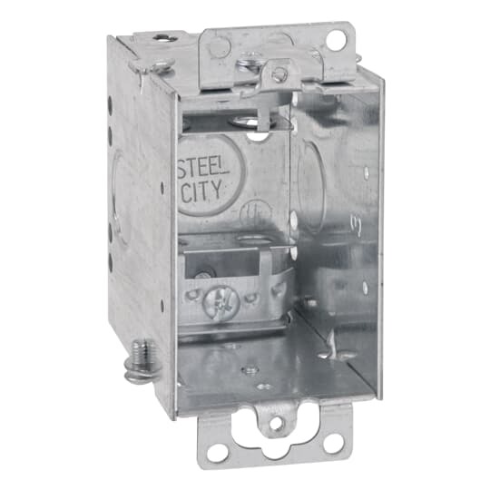 Gangable Switch Box, 14 Cubic Inches, 3 Inches Long x 2 Inches Wide x 2-3/4 Inches Deep, 1/2 Inch Knockouts, Pre-Galvanized Steel, Armored Cable Clamps (C-3) and Ears Flush, For use with Armored/Metal Clad Cable