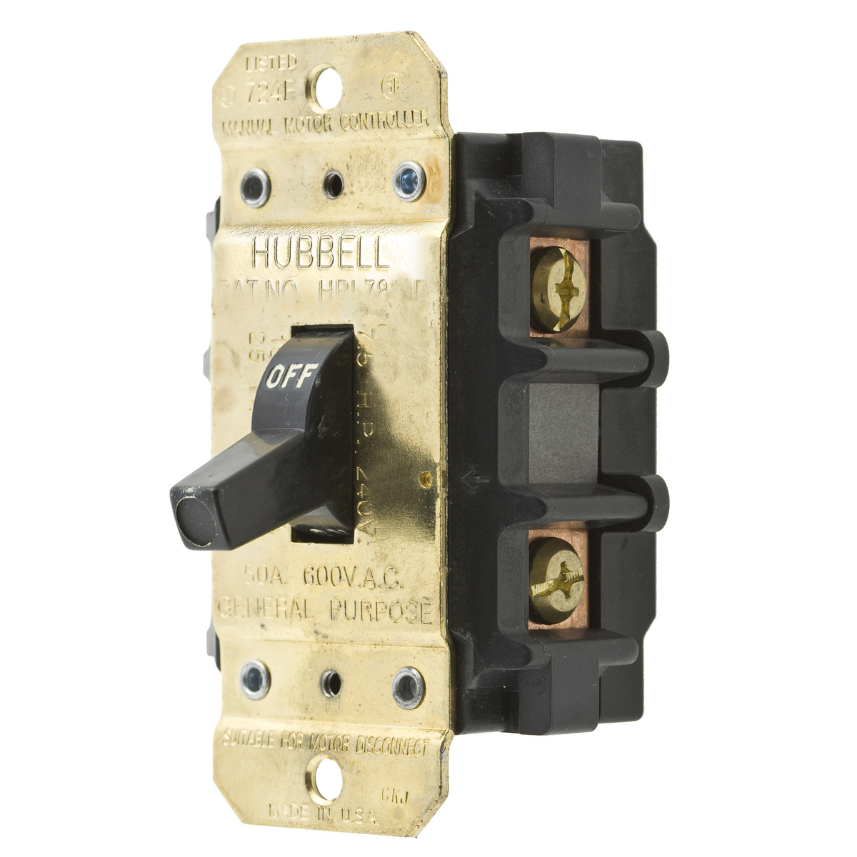 Switches and Lighting Controls, Industrial Grade, Manual Motor Controllers, Motor Disconnects, Two Pole, 50A 600V AC, Side Wired Only