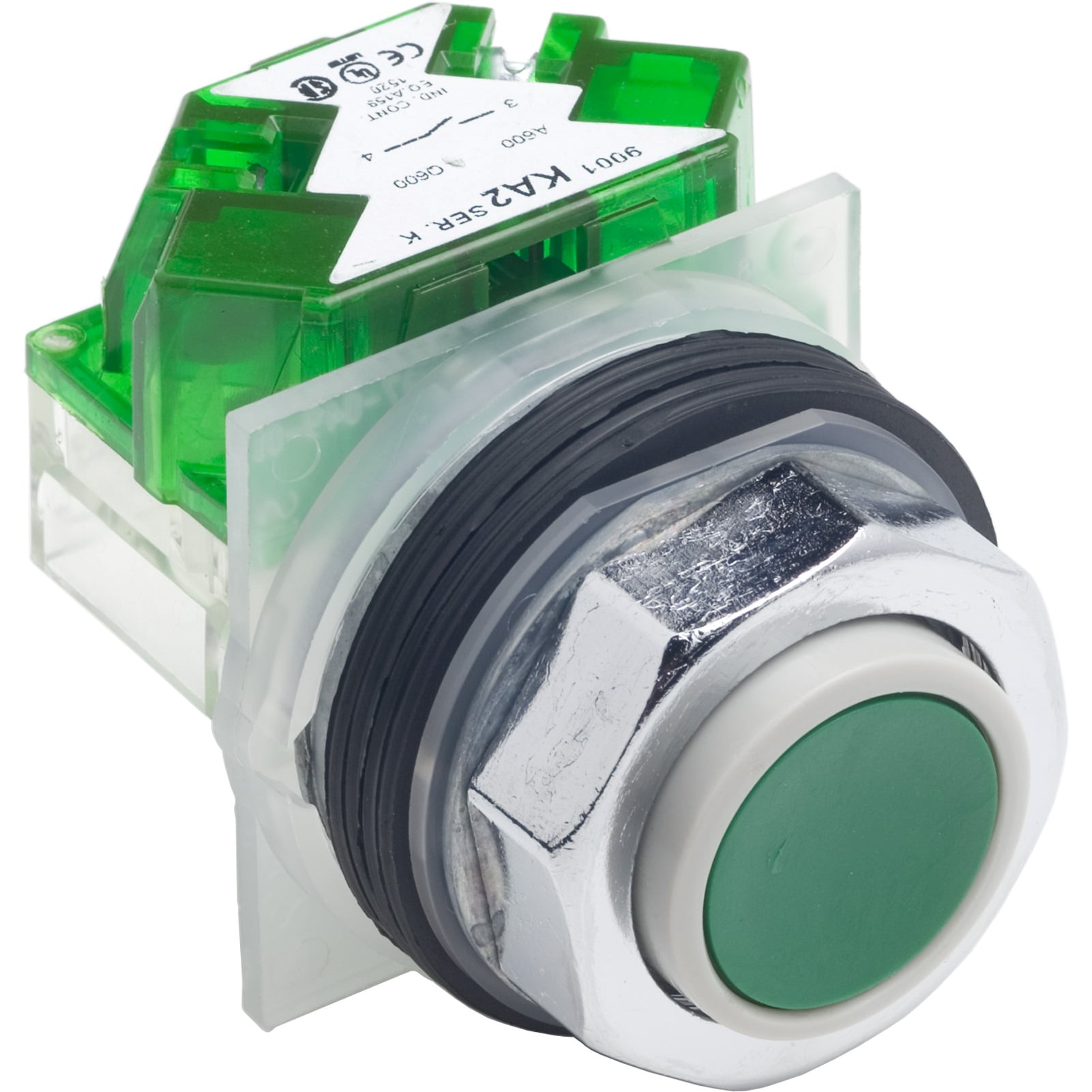 Push-button, Harmony 9001K, metal, projecting, green, 30mm, spring return, 1 NO