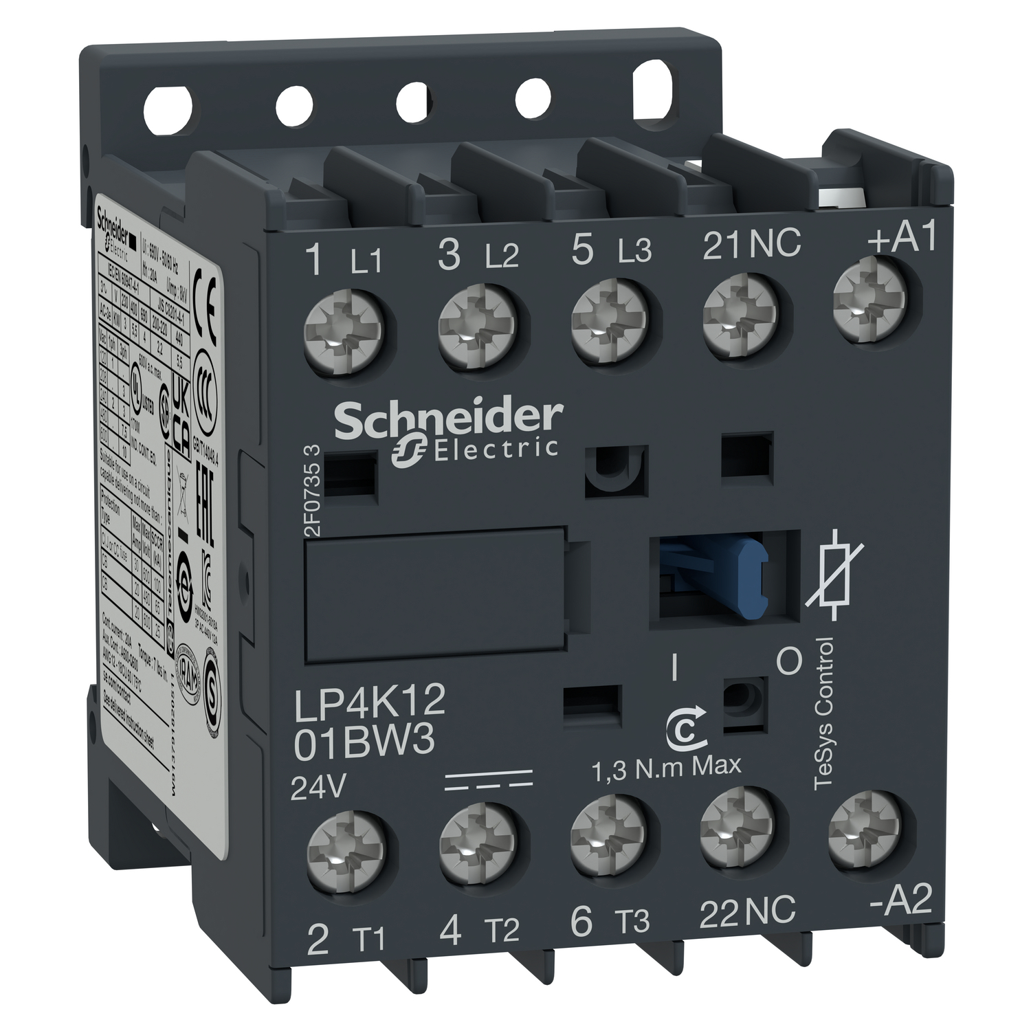 Contactor, TeSys K, 3P, AC-3, lt or eq to 440V, 12A, 1 NC aux, 24VDC coil