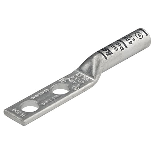 Surecrimp Copper Compression Lug, Conductor Size 4, 2 Holes, 1/4in Bolt Size, 5/8in Hole Spacing, Long Barrel, No Sight Window, Tin Plated, UL, CSA