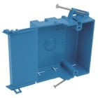 One-Gang Nail-On New Work Outlet Box, Volume 18 Cubic Inches, Length 4-1/16 Inches, Width (Opening) 2-5/16 Inches (Overall) 3-9/16 Inches, Depth 1-3/4 Inches, Color Blue, Material PVC, Mounting Means Angled Side Nails, with Hinge Closure