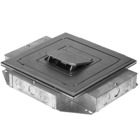 Four Gang Ultra-Shallow Recessed Service Floor Box, 192 Cubic Inches for Device Access and 41/55 Cubic Inches for Device Compartments, Length 13-1/4 Inches, Width 15-1/4 Inches, Depth 2-1/2 Inches, 3/4 Inch Knockouts, Galvanized Steel, Provides High Capacity Power and Data Solution for Shallow Concrete Floors