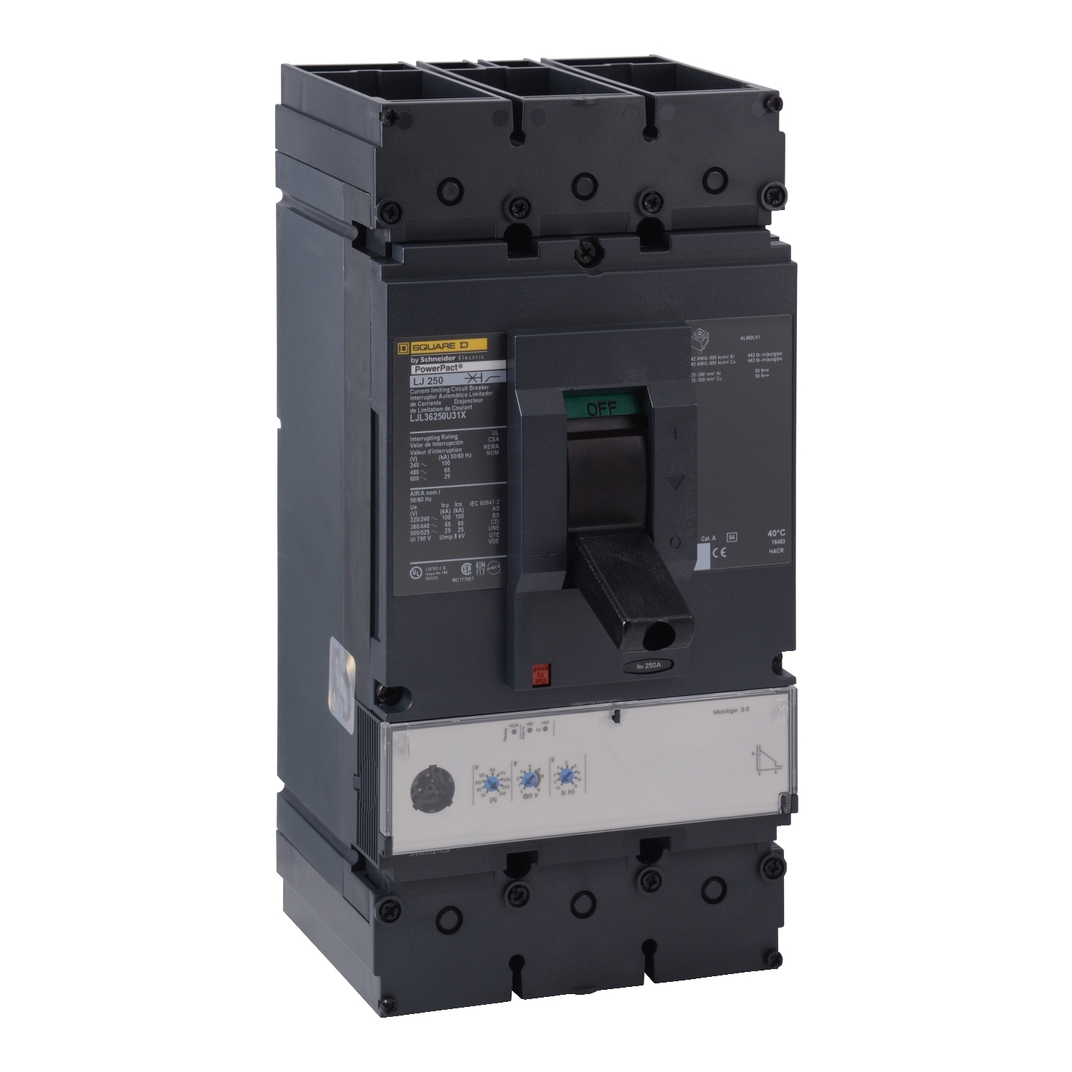 Circuit breaker, PowerPacT L, 250A, 3 pole, 600VAC, 25kA, lugs, MicroLogic 3.3, 80%