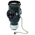 Medium base lampholder/outlet adapter, pull chain lampholder with two outlets, Double pole, Double wire, 660 watt, 125 volt, Black.
