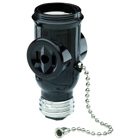 Medium base lampholder/outlet adapter, pull chain lampholder with two outlets, Double pole, Double wire, 660 watt, 125 volt, Black.