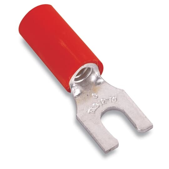 Nylon Insulated Locking Fork Terminal, Length .86 Inches, Width .25 Inches, Maximum Insulation .136, Bolt Hole #6, Wire Range #22-#16 AWG, Color Red, Copper, Tin Plated