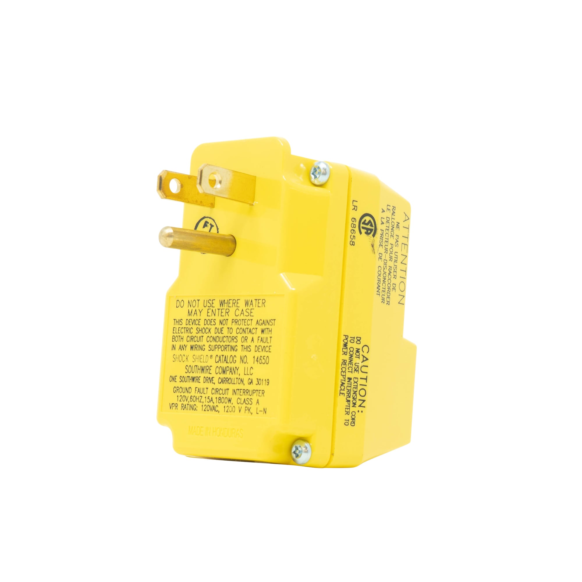 YELLOW 120V/15A SINGLE OUTLET GFCI ADAPTER, BOOTED BUTTON