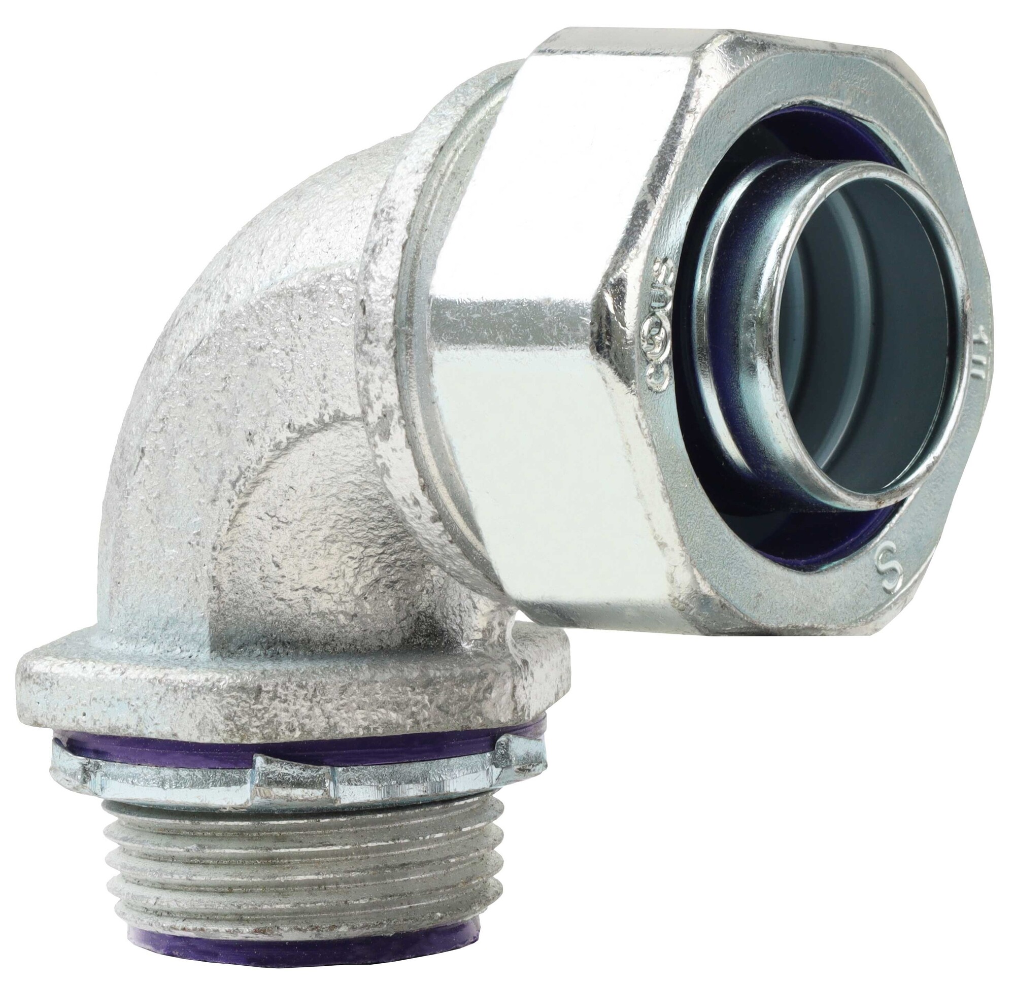 90 DEG Insulated Liquid Tight Connector, 3-1/2 in. Size, Threaded connection, Steel material, Zinc Plated Finish