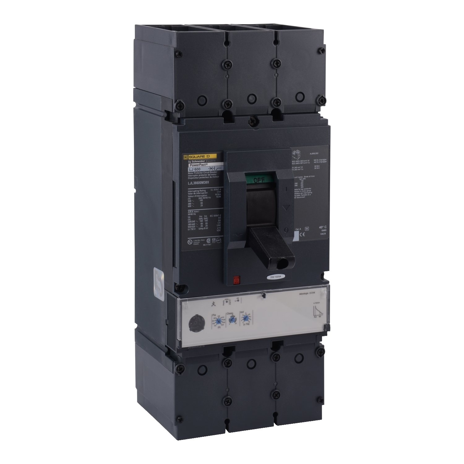 Motor circuit protector, PowerPacT L, 600A, 3 pole, 600VAC, 25kA, lugs, MicroLogic 2.3M, 80%