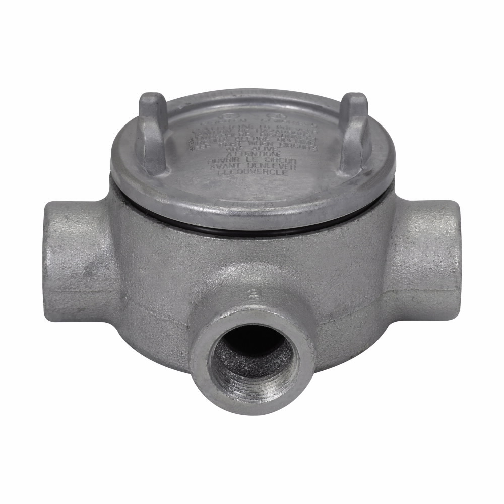 Eaton Crouse-Hinds series Condulet GUA conduit outlet box with cover, 5" cover opening diameter, Feraloy iron alloy, T shape, 1-1/2"