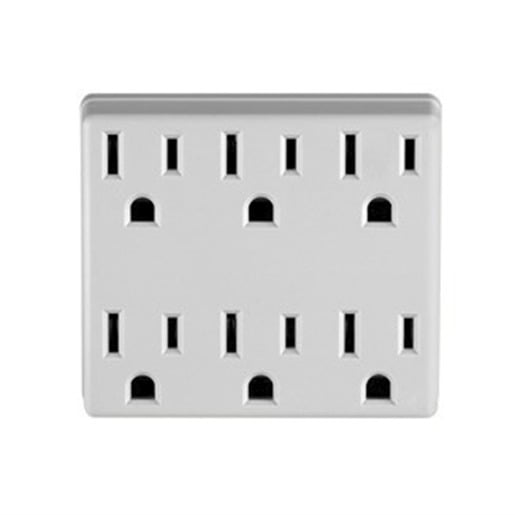 15 Amp, 125 Volt, 6 Outlet Grounded Adapter, White