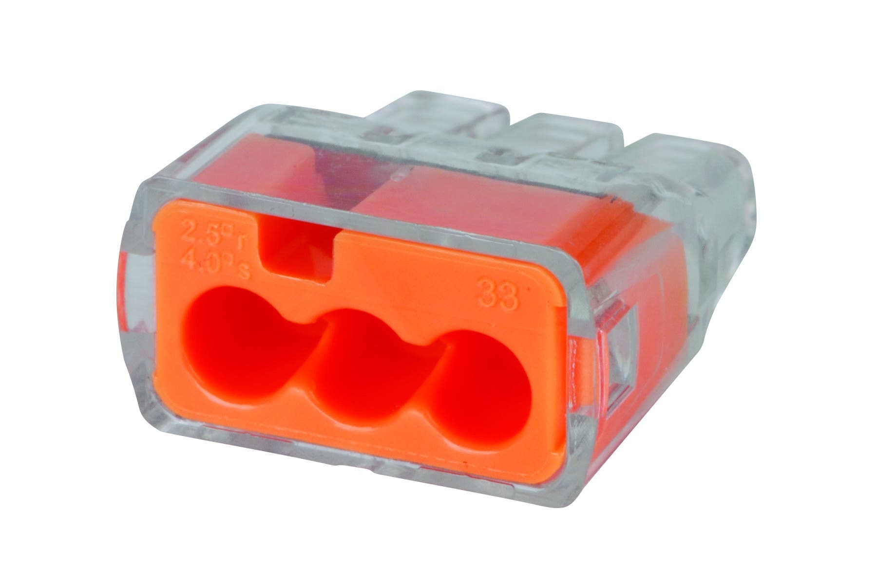IDEAL, Wire Connector, In-Sure, Push-In, Size: 0.780 IN Length X 0.690 IN Width X 0.380 IN Height, Wire Size: #12 AWG - #20 AWG Solid, #12 AWG - #16 AWG (19 Strand Or Less) #18 AWG (7 Strand) Stranded, #14 AWG - #18 AWG (19 Strand Or Less) Stranded (Tin Bonded), Connection: 3 Ports, Color: Orange, Voltage Rating: 600 V Maximum Building Wire, 1000 V Maximum Signs And Lighting Fixtures, Temperature Rating: 105 DEG C Shell Rated, Wire Type: Solid, Stranded, Stranded (Tin Bonded), Model: 33