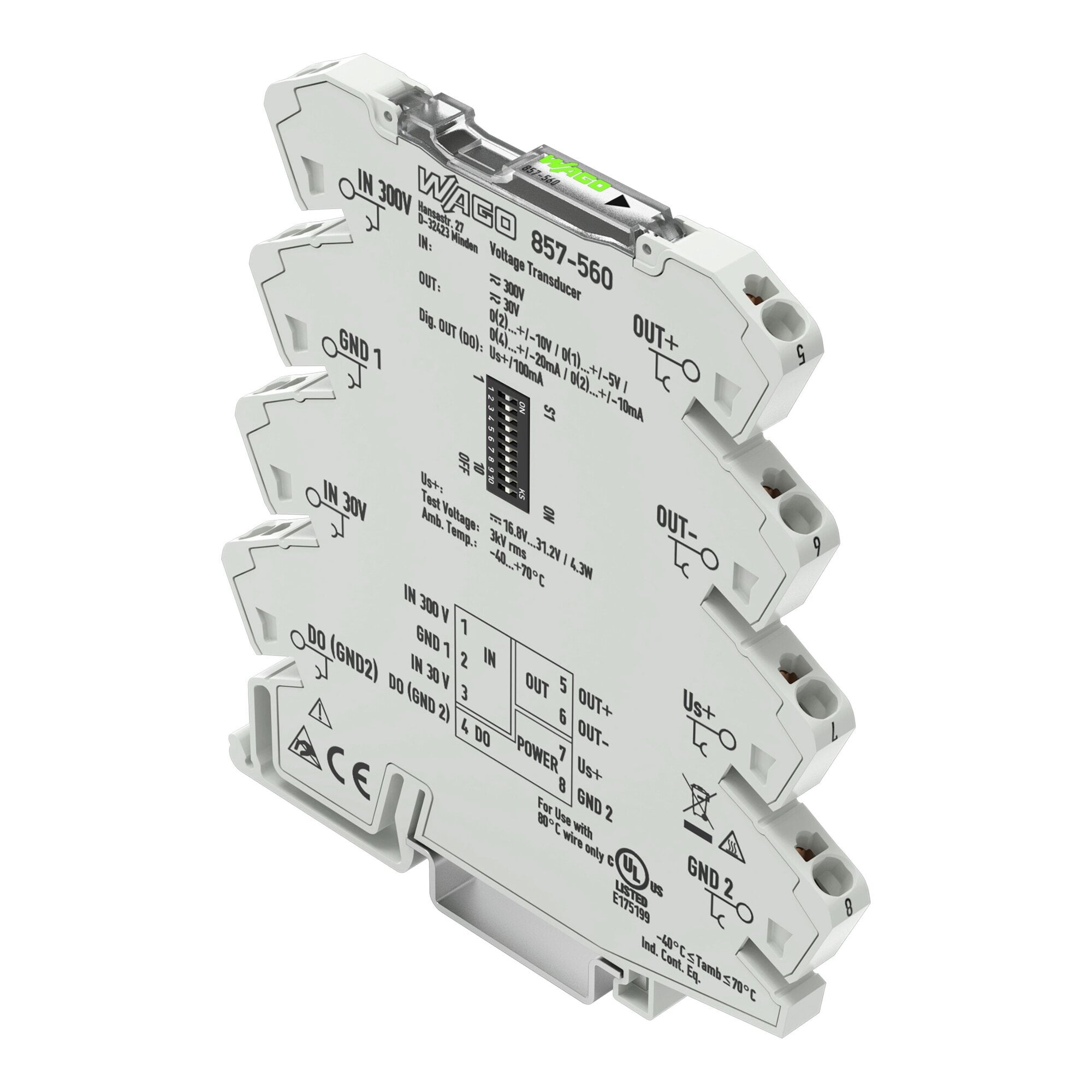 Voltage signal conditioner; Voltage input signal; Current and voltage output signal; Digital output; Configuration via software; Supply voltage: 24 VDC; 6 mm module width