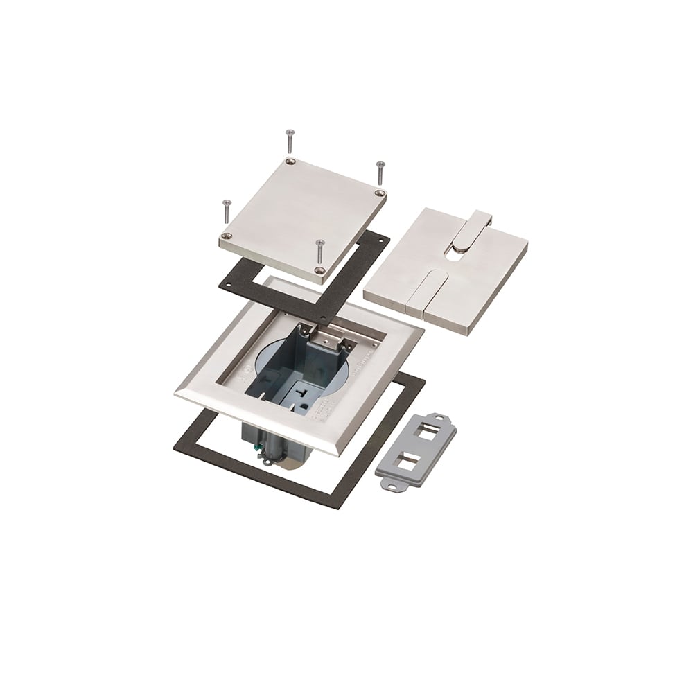 Plated Nickel, single gang frame, blank and slotted covers. Includes single gang recessed frame with gasket and installed 20A receptacle, colored insert, low voltage keystone insert, gasketed blank cover with mounting screws, dual slotted in-use cover with removable tabs.