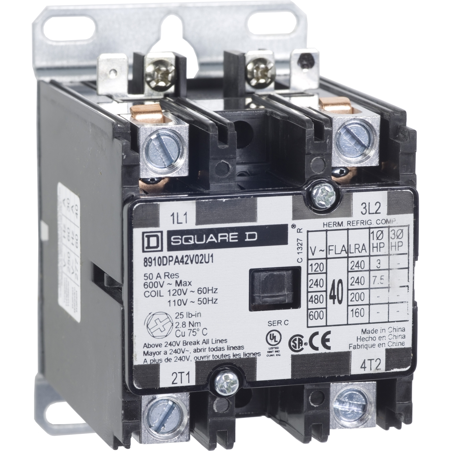 Contactor, Definite Purpose,  40A, 2 pole, 7.5 HP at 230 VAC, 1 phase, 110/120 VAC 50/60 Hz coil, open, UL listed