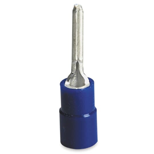 Vinyl Insulated Pin Terminal, Length .87 Inches, Pin Length .390 Inches, Diameter .075 Inches, Wire Range #16-#14 AWG, Color Blue, Copper, Tin Plated, 1,000 Pack