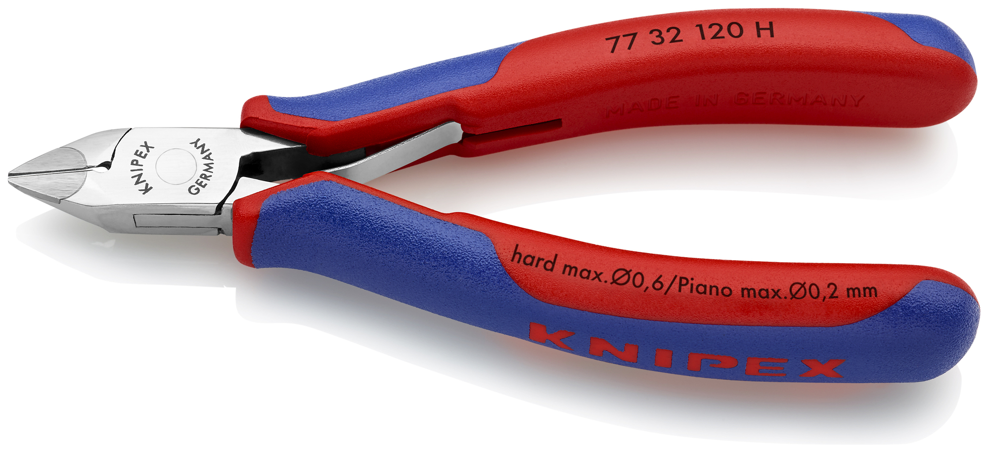 Electronics Diagonal Cutters-Carbide Metal Cutting Edges, 4 3/4 in., Multi-component, Polished, Semi-flush with Small Bevel Cut, Tapered Head, Up to 1/64 in. Piano Wire
