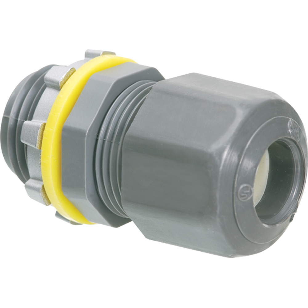 Low-profile non-metallic, liquid-tight, oil-tight, and white strain relief cord connector furnished with a sealing ring and locknut. Supports .200 to .485 cord range with a 1/2 inch trade size.