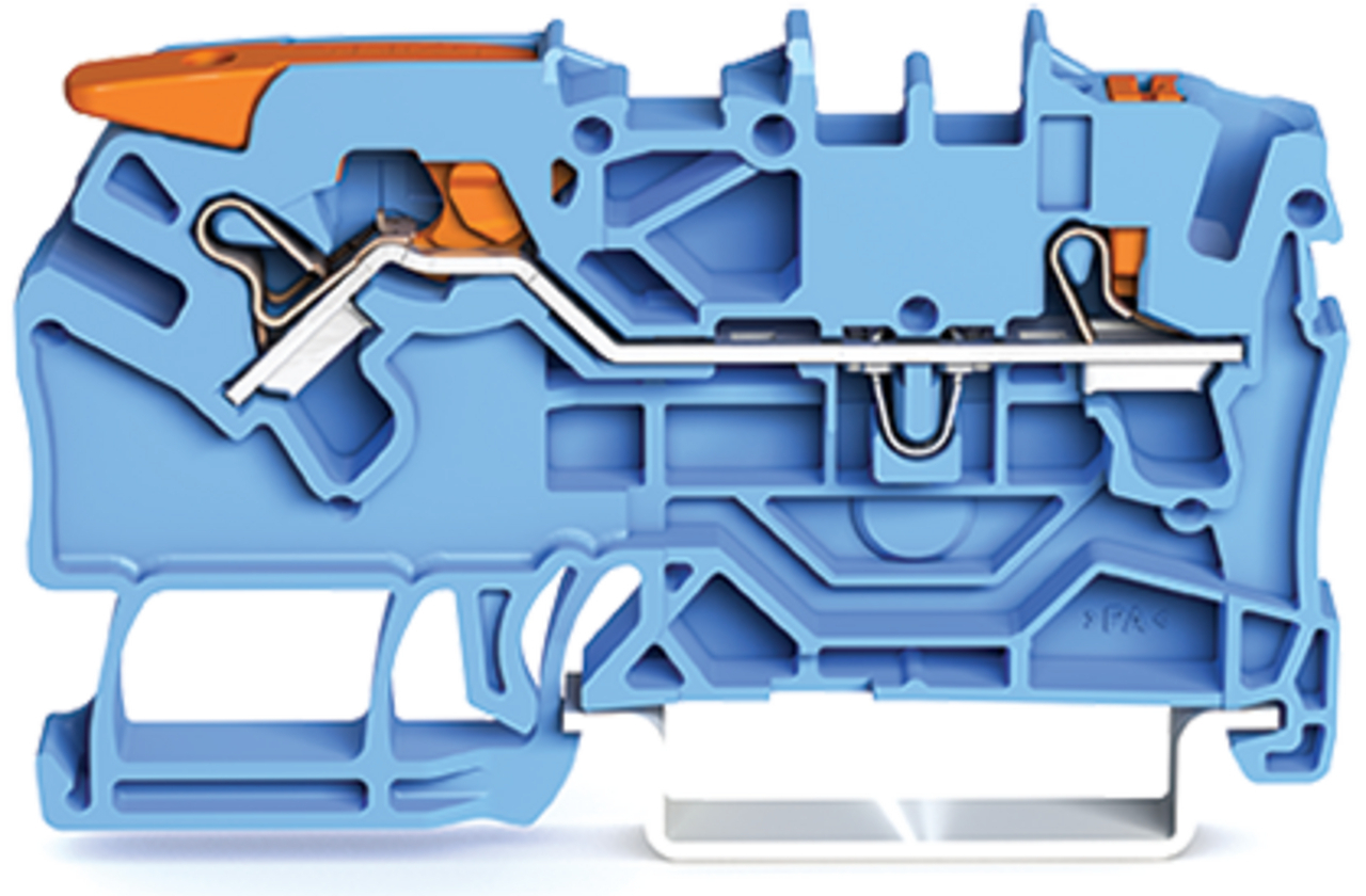 2-conductor through terminal block; with lever and push-button; 2.5 mm; with test port; suitable for Ex i applications; side and center marking; for DIN-rail 35 x 15 and 35 x 7.5; Push-in CAGE CLAMP; 2,50 mm; blue