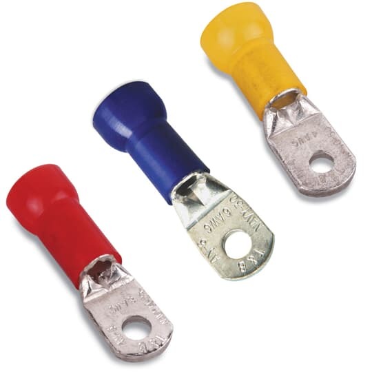 Nylon Insulated Large Ring Terminal, Length 2.15 Inches, Width .69 Inches, Maximum Insulation .588, Bolt Hole 1/4 Inch, Wire Range 2, Color Red, Copper, Tin Plated