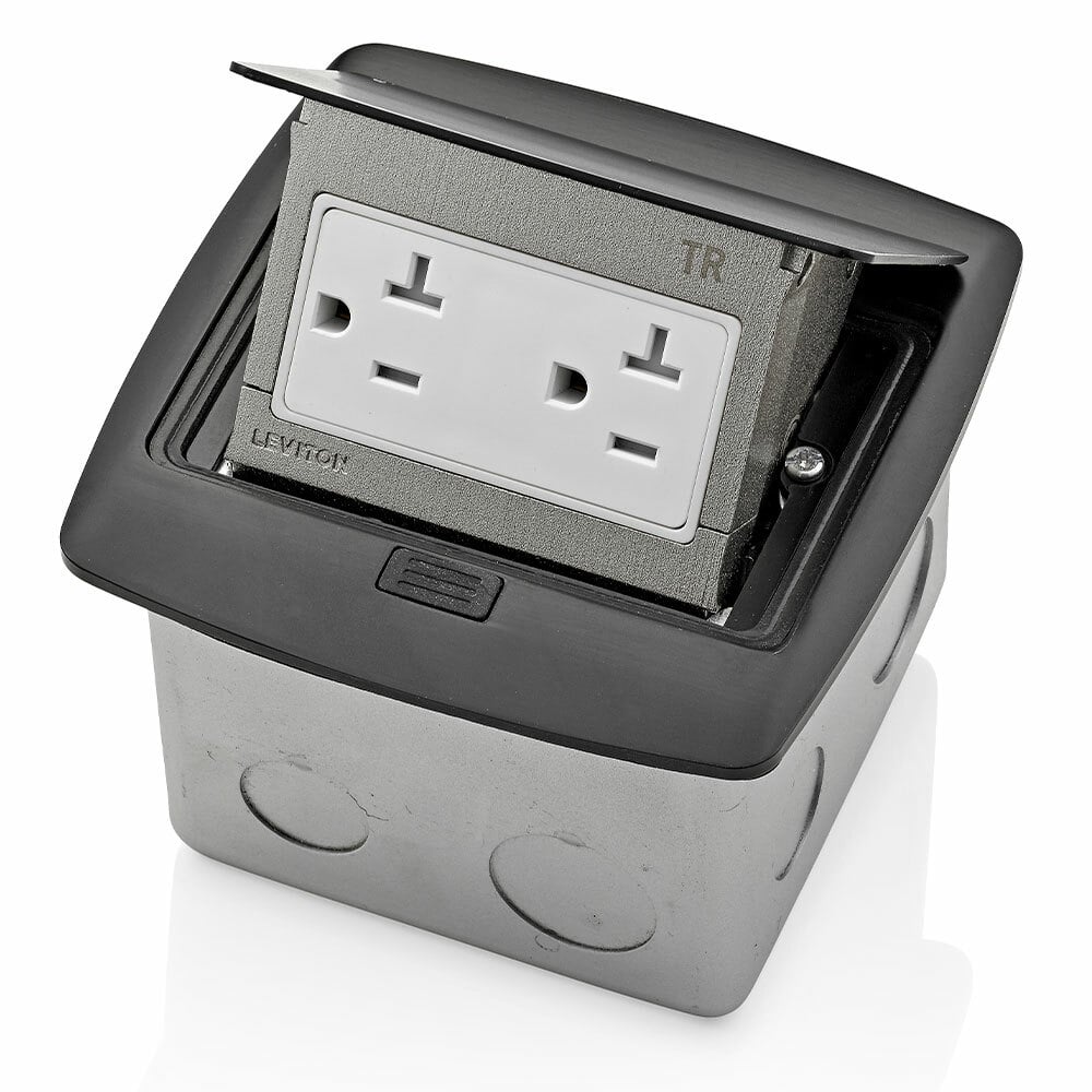 Pop-Up Floor Box with 20 Amp, 125 Volt, NEMA, 5-20R, Pole, 2, 3-Wire, Tamper-Resistant, Decora, Duplex Receptacle Outlet that is pre-wired to terminal block - Black