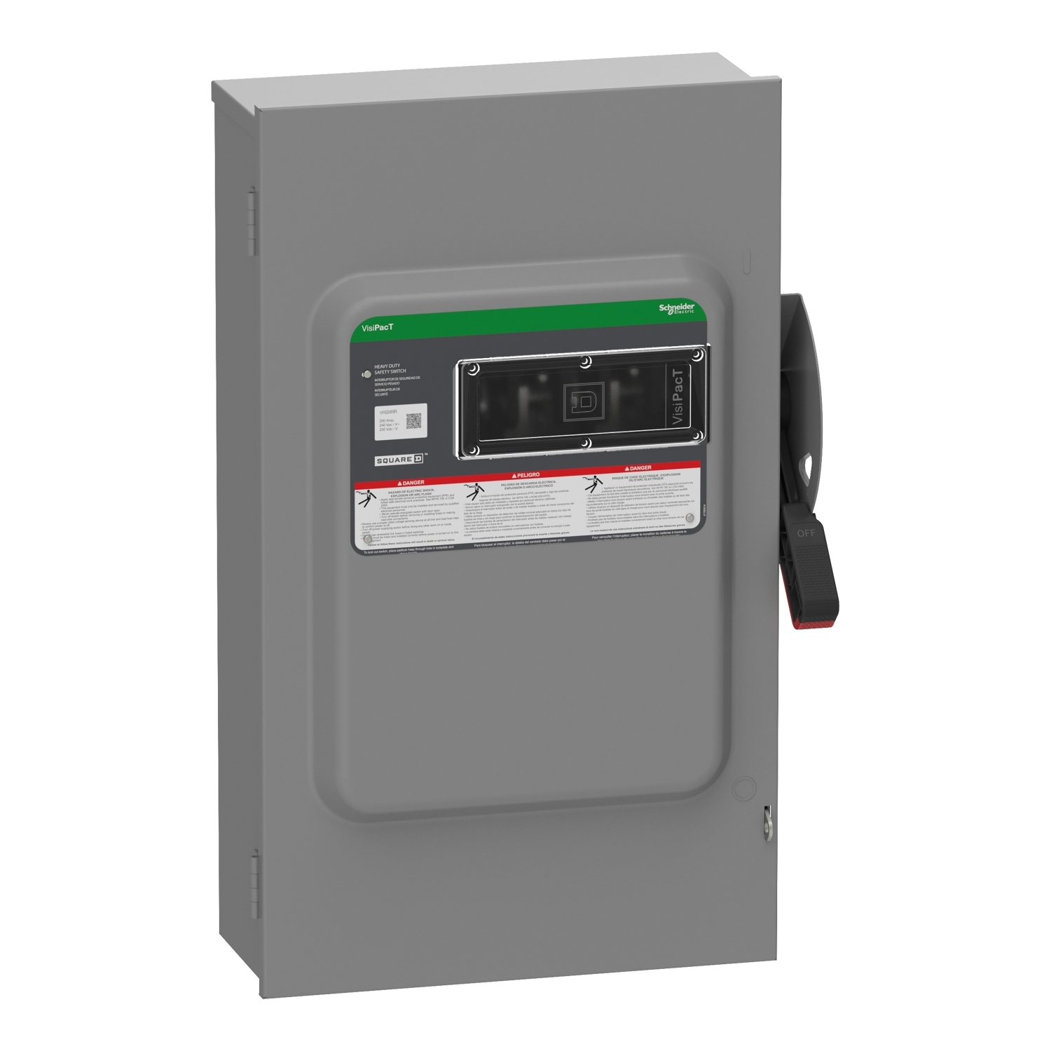 Safety switch, VisiPacT, heavy duty, fused, viewing window, NEMA 3R, 240V, 200A, 2 pole, neutral installed